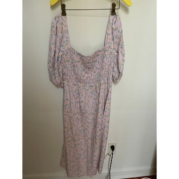 NWT Sokie Collective Side Shoulder Pouf Floral Puff Sleeve Ruched Midi Dress M - Picture 2 of 13